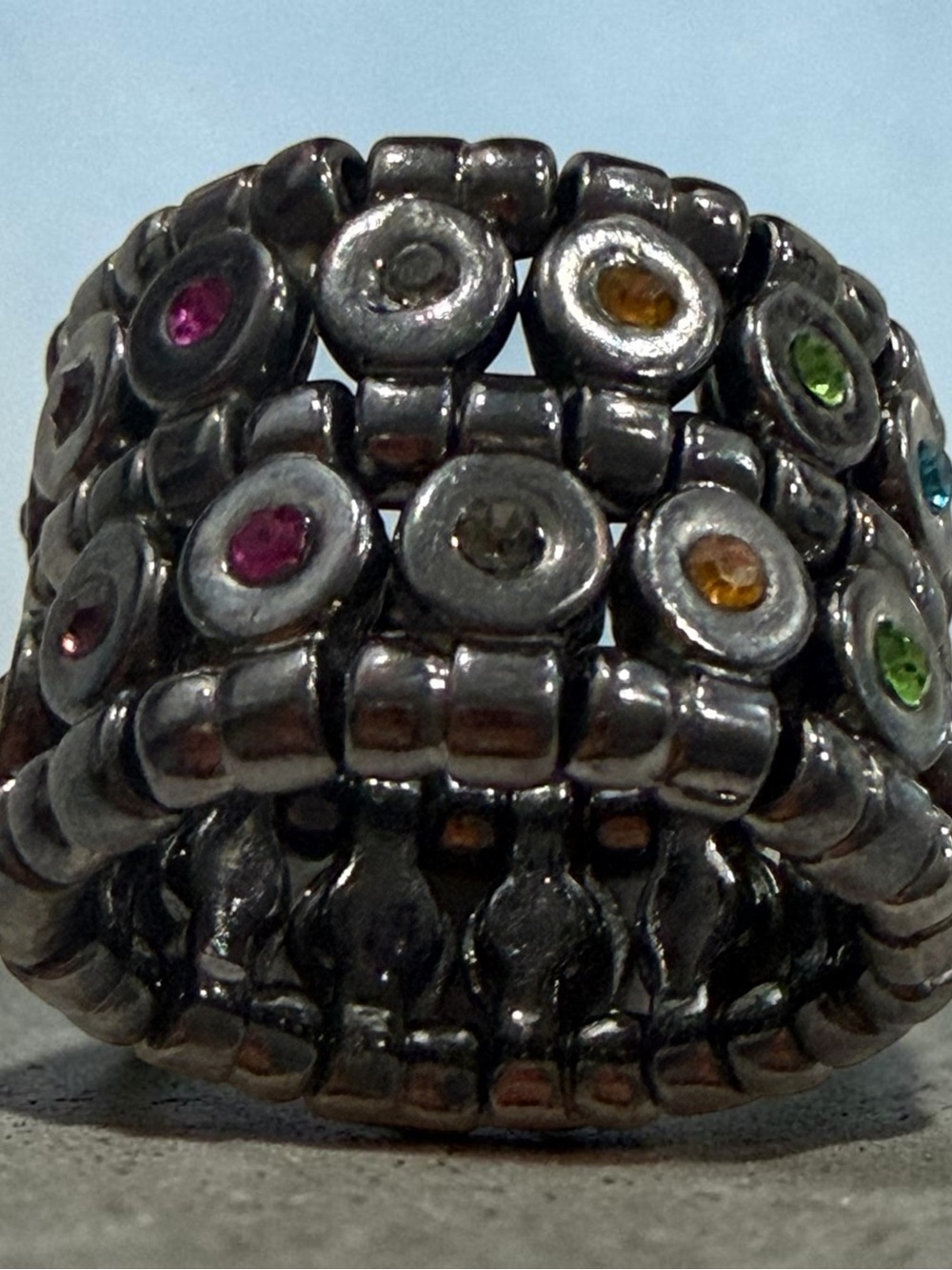 Multi-Row Hematite Ring with Colored Crystal Accents